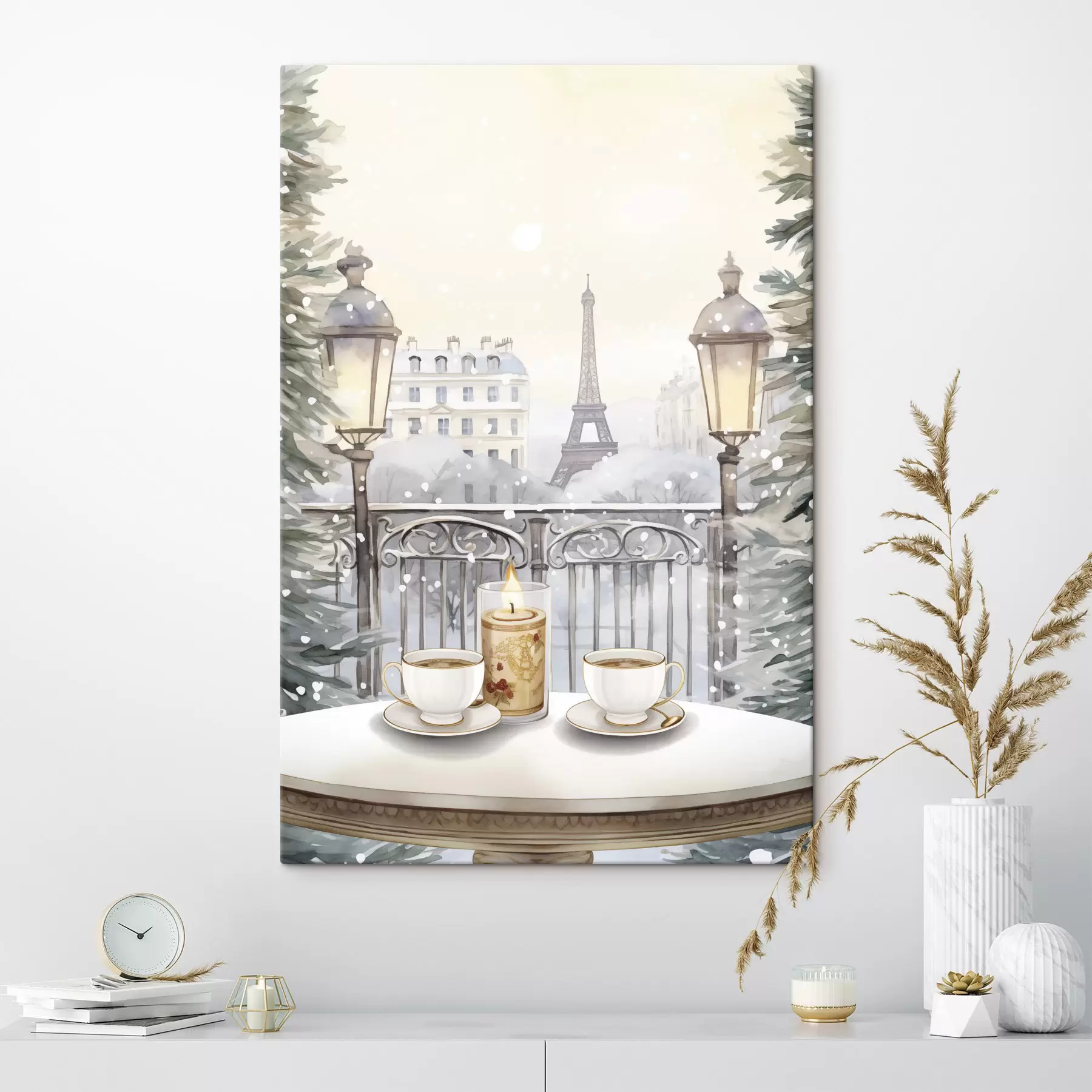 wall murals Beautiful cafe in Paris, tea cups, romantic view, winter, watercolor style s42799