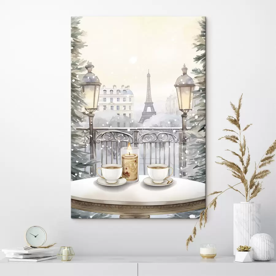 murales Hermoso café en París, tazas de té, vista romántica, invierno, estilo acuarela s42799