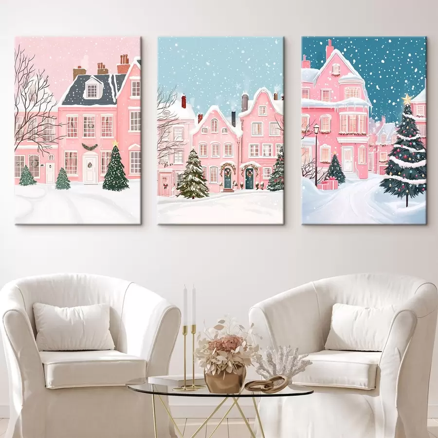 murales Preciosa ciudad invernal con casas rosas, pinos y copos de nieve m00410