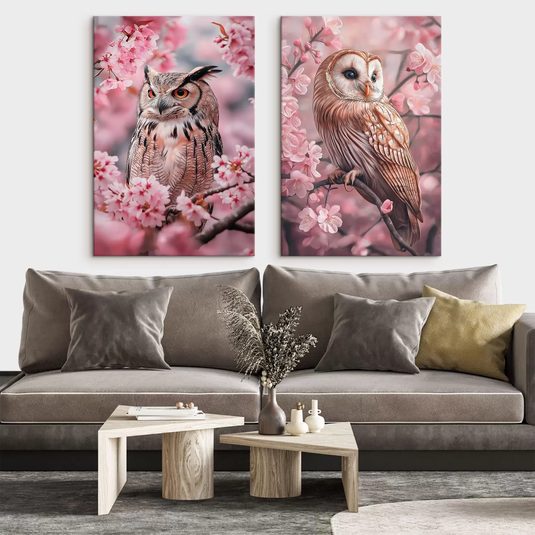 wall murals Owls on the cherry tree, pink flowers, realism, nature m00411
