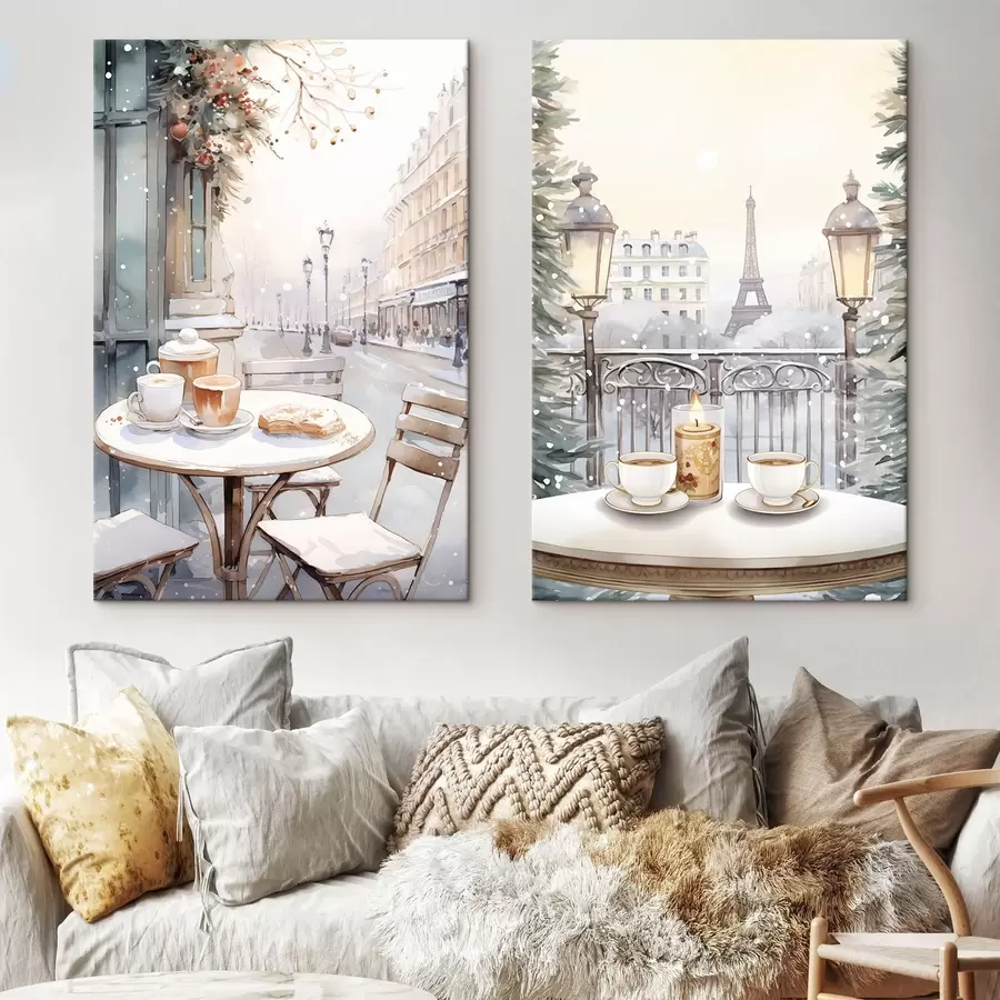 wall murals Aesthetic cafes with cups of coffee, Paris city street, winter, architecture  m00413