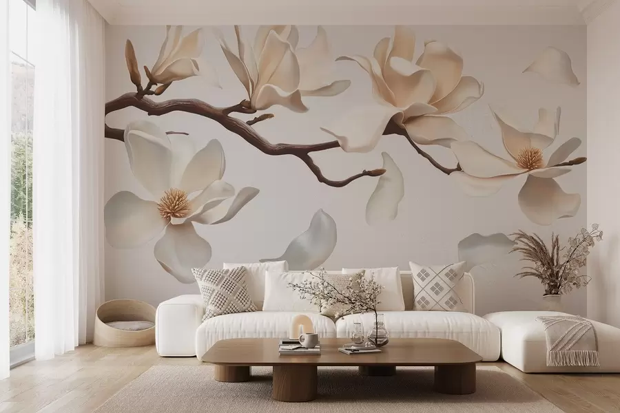 murales Una rama de árbol con delicadas flores de magnolia y pétalos que caen w08706