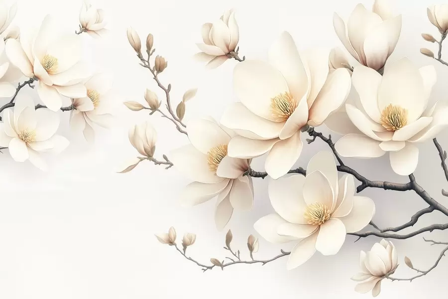 murales Preciosas flores de magnolia de color crema sobre fondo blanco w08721