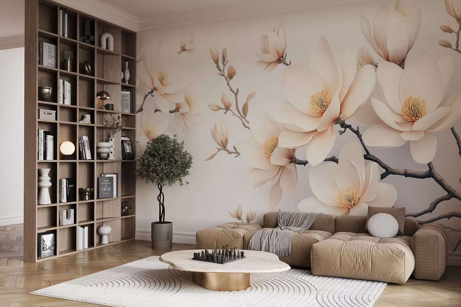 murales Preciosas flores de magnolia de color crema sobre fondo blanco w08721