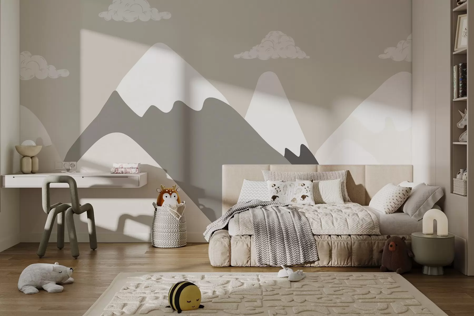 peintures murales Paysage de montagne minimaliste avec des silhouettes douces de pics enneigés dans des tons beige clair et gris, avec de doux nuages blancs en arrière-plan w03040v2
