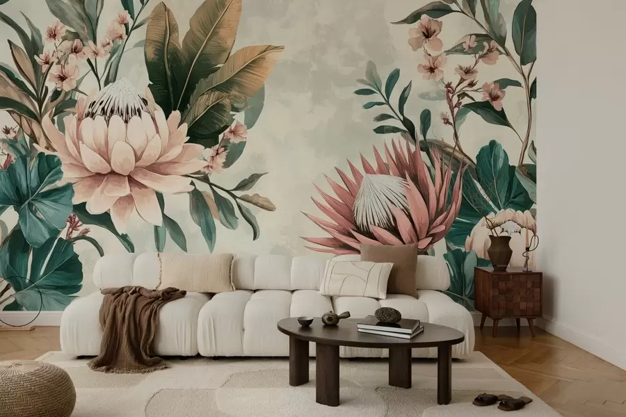 Wall Mural Photo Wallpaper exotic plants, palm leaves and protea flowers inspired by vintage w03015