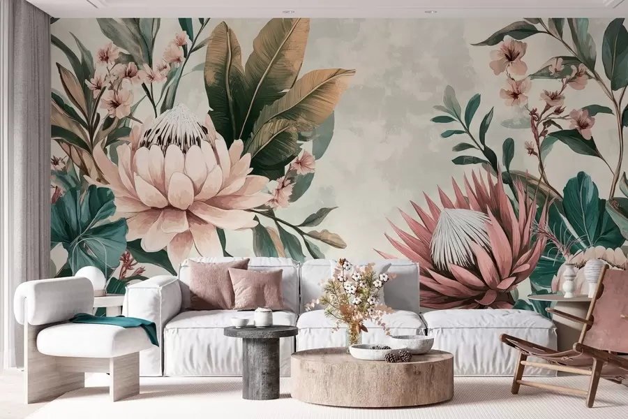 murales plantas exóticas, hojas de palmera y flores de protea inspiradas en el vintage w03015