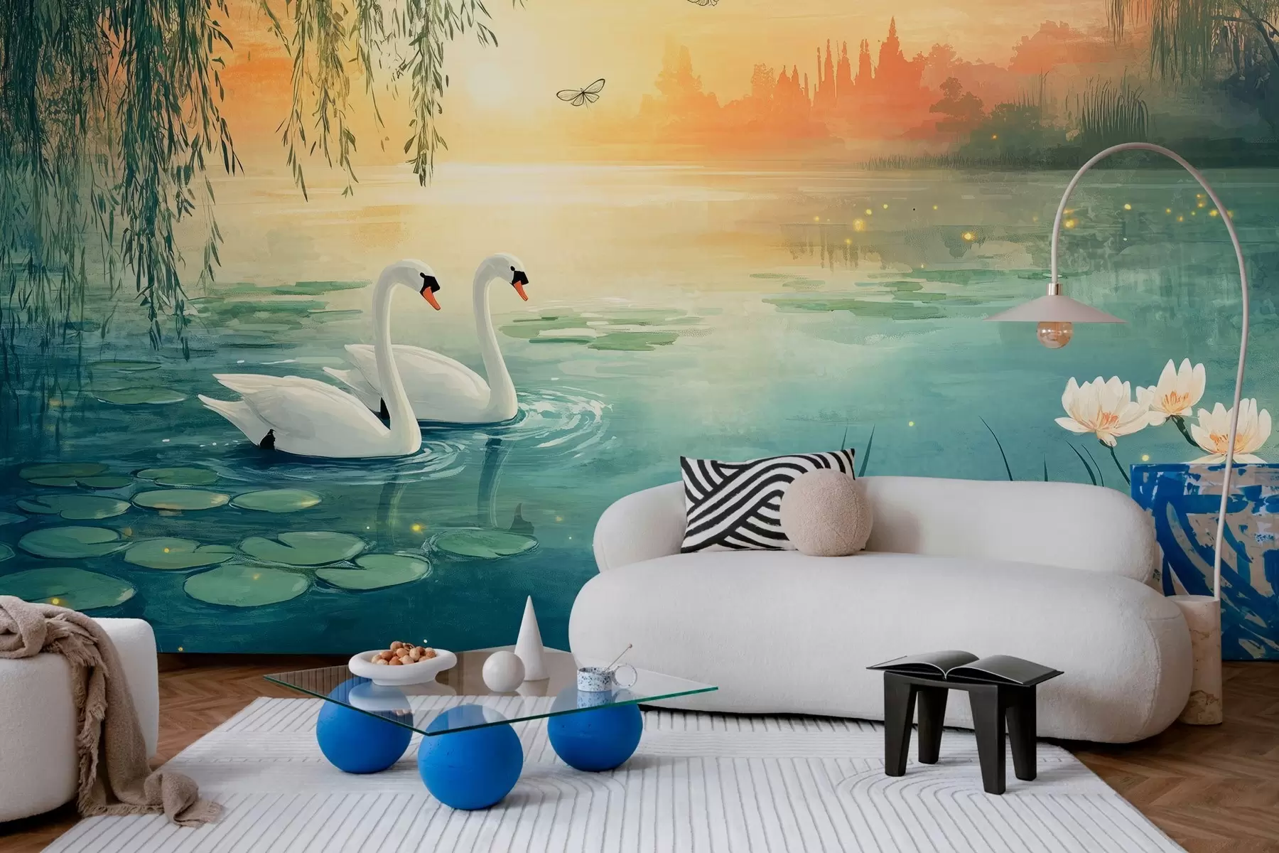 murais de parede Paisagem romântica ao estilo de pintura a óleo com dois cisnes brancos no lago w03017