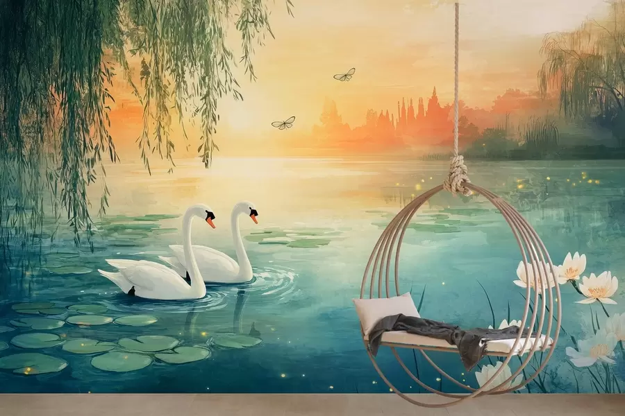 murales Paisaje romántico al óleo con dos cisnes blancos en el lago w03017