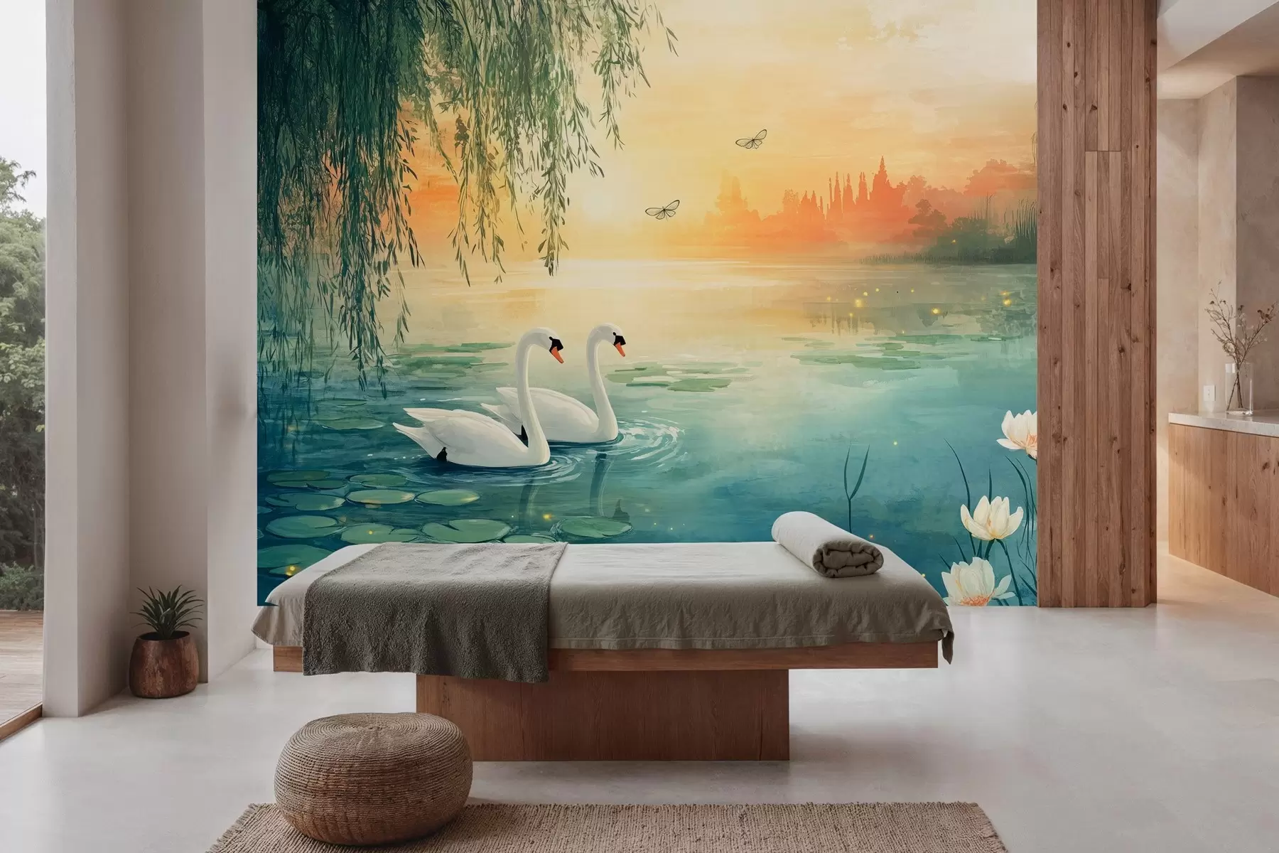 murais de parede Paisagem romântica ao estilo de pintura a óleo com dois cisnes brancos no lago w03017