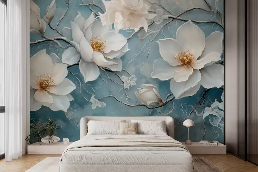 Wall Mural Photo Wallpaper Frosty white flowers on a blue background in the style of oil painting w03018