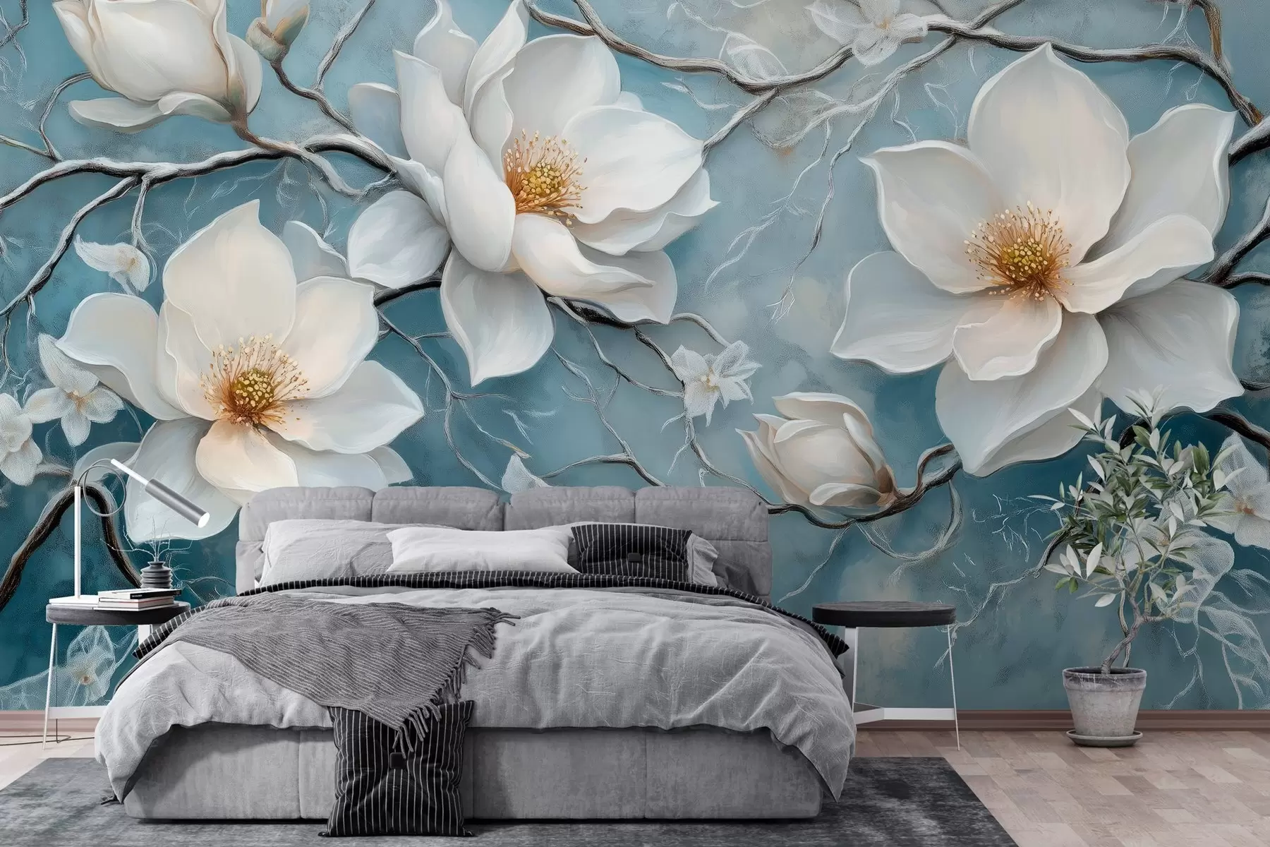 murais de parede Flores brancas geladas sobre um fundo azul ao estilo de uma pintura a óleo w03018