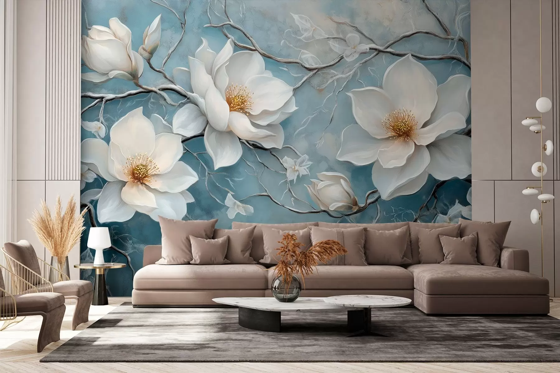 murales Flores blancas escarchadas sobre fondo azul al estilo de la pintura al óleo w03018