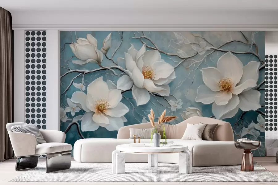 murales Flores blancas escarchadas sobre fondo azul al estilo de la pintura al óleo w03018