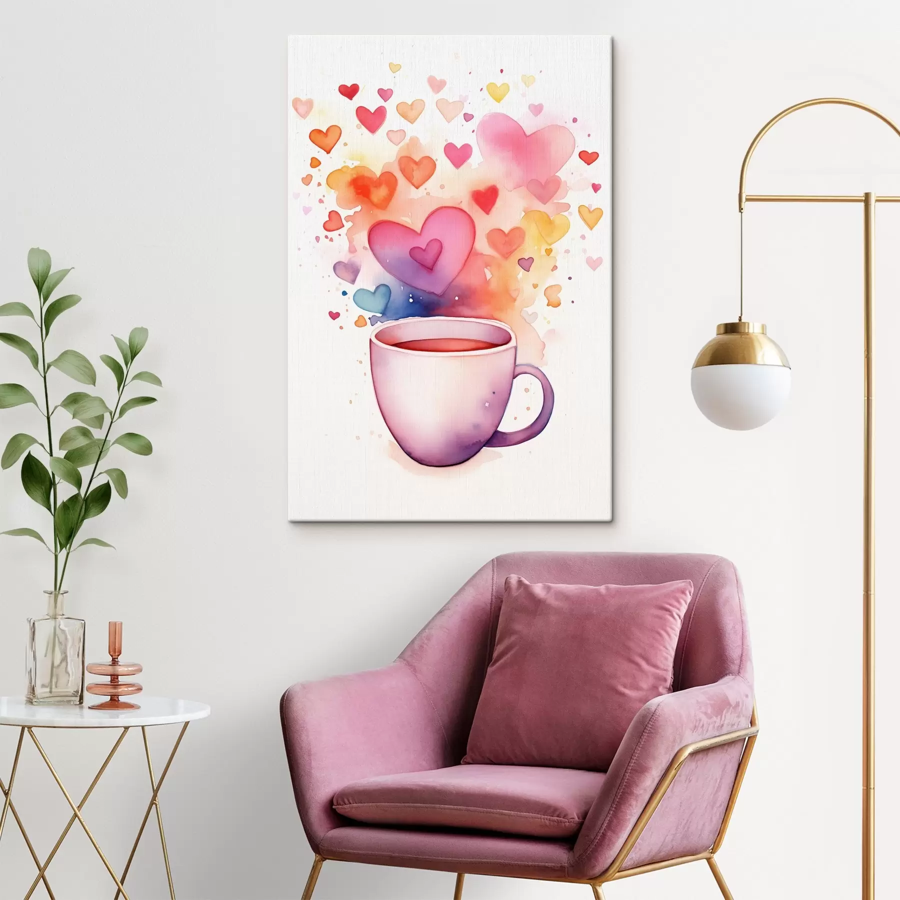 murales Una taza sobre un fondo de corazones de acuarela s42869