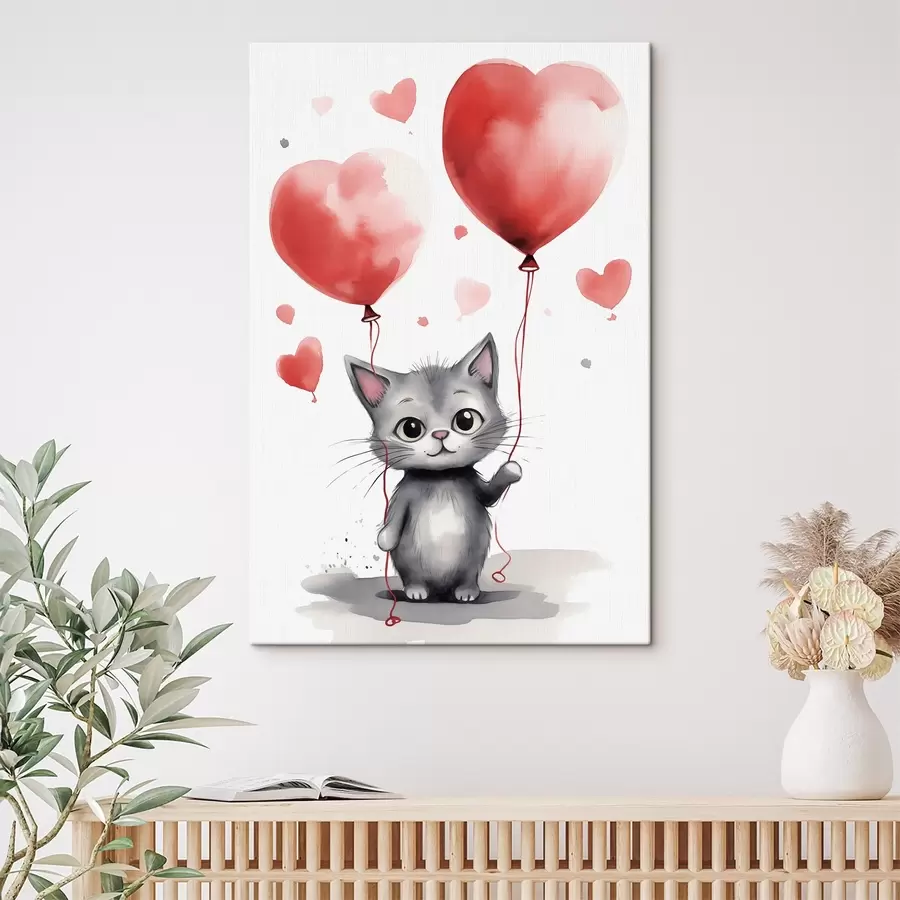 murales Lindo gatito con globos en forma de corazón s42871