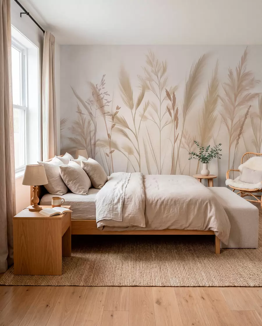 peintures murales Grandes herbes délicates, épillets et plantes dans des tons doux de beige et de crème, sur un fond légèrement flou w08736
