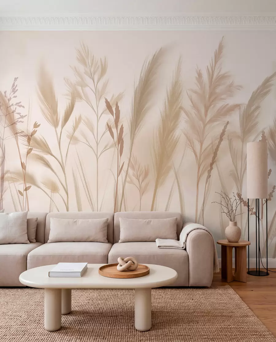 Wall Mural Photo Wallpaper Tall, delicate grasses, spikelets and plants in soft beige and cream tones, against a light blurred background w08736
