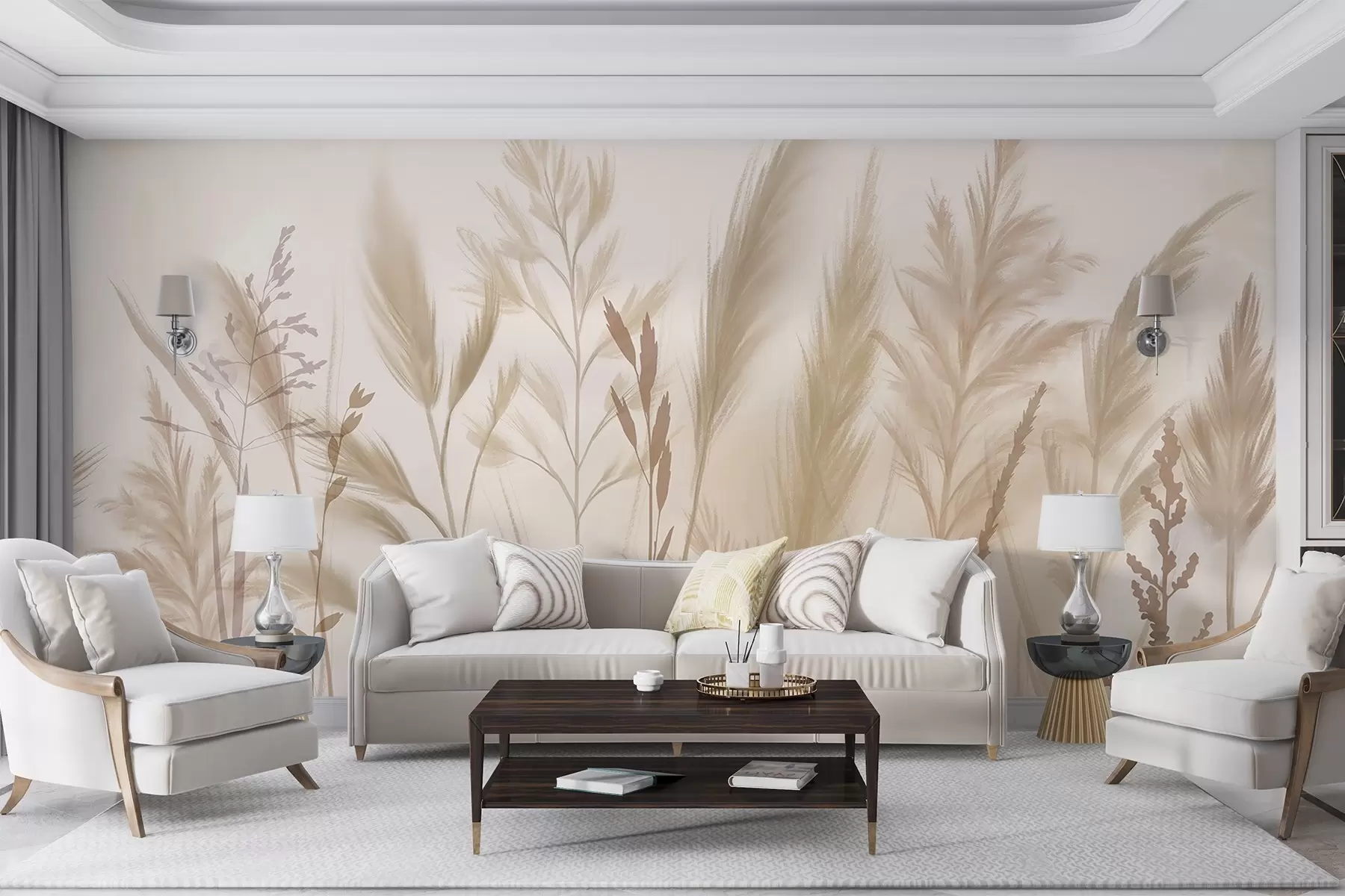Wall Mural Photo Wallpaper Tall, delicate grasses, spikelets and plants in soft beige and cream tones, against a light blurred background w08736