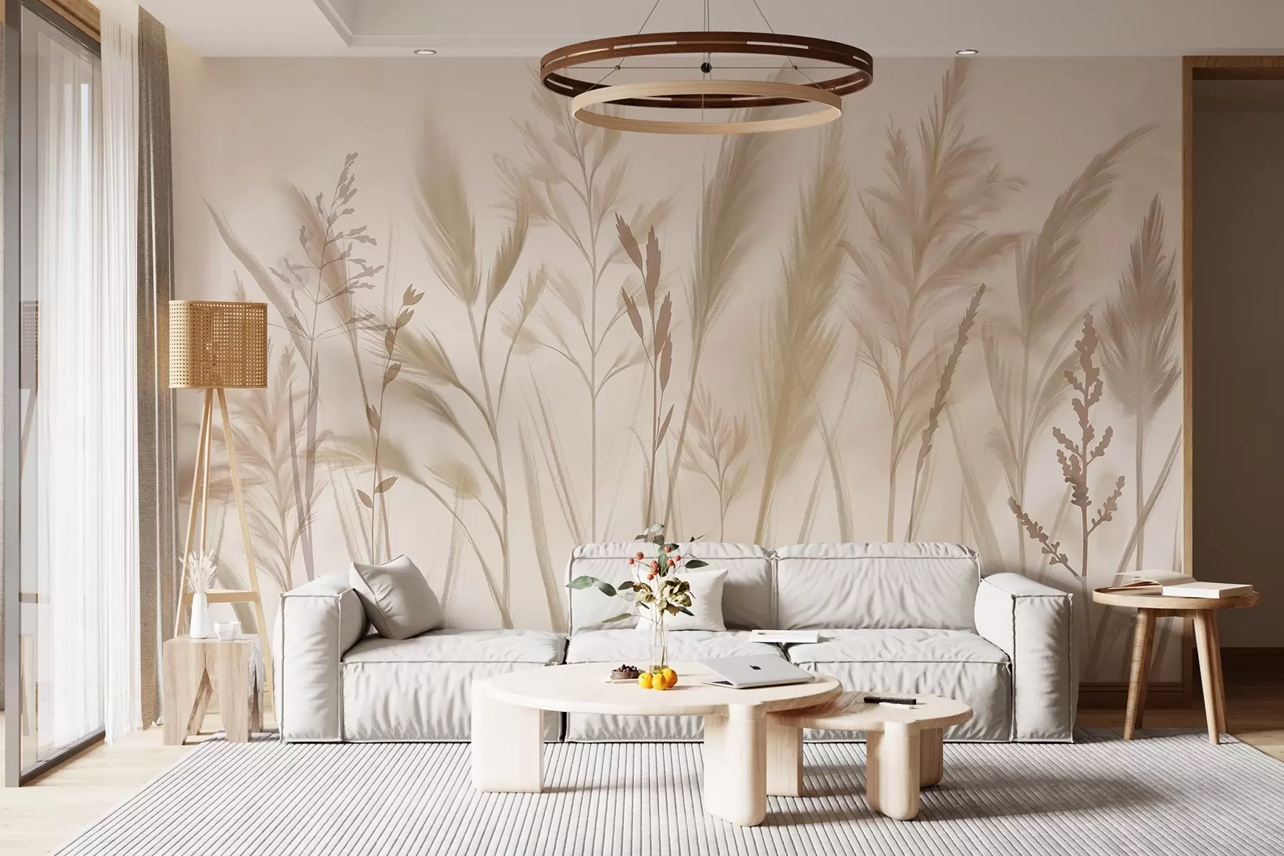 murales Hierbas altas y delicadas, espiguillas y plantas en suaves tonos beige y crema, sobre un fondo ligeramente difuminado w08736