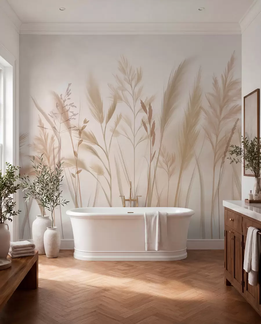 wall murals Tall, delicate grasses, spikelets and plants in soft beige and cream tones, against a light blurred background w08736