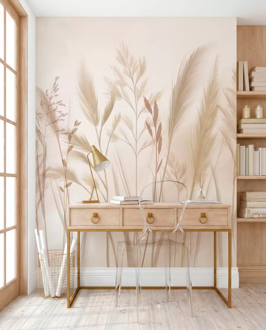 wall murals Tall, delicate grasses, spikelets and plants in soft beige and cream tones, against a light blurred background w08736