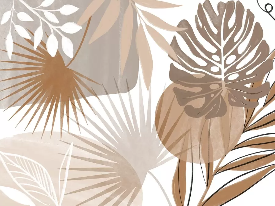 wall murals Abstract design featuring various tropical leaves and in earthy tones of brown, beige, and cream w08738