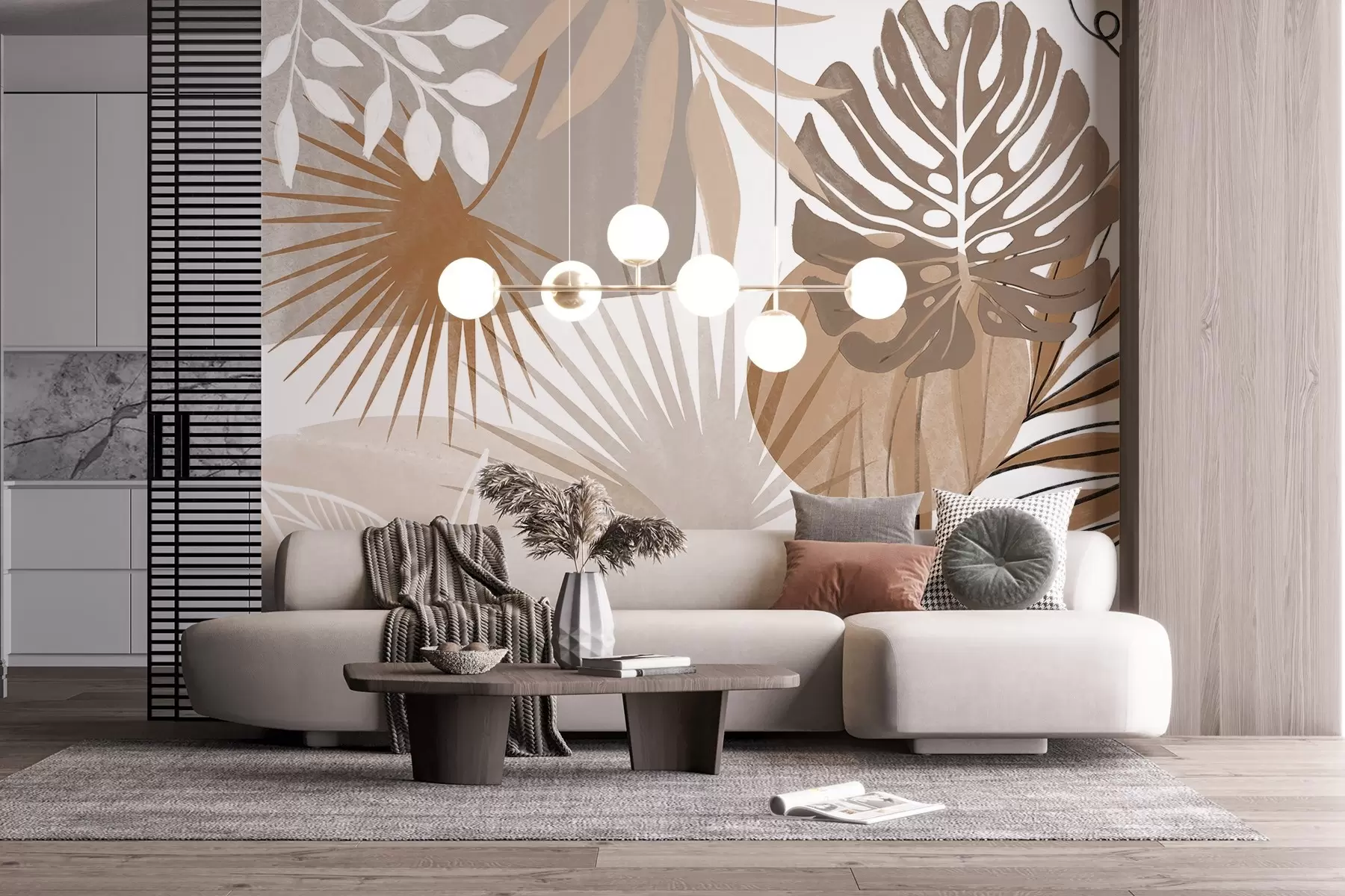 wall murals Abstract design featuring various tropical leaves and in earthy tones of brown, beige, and cream w08738