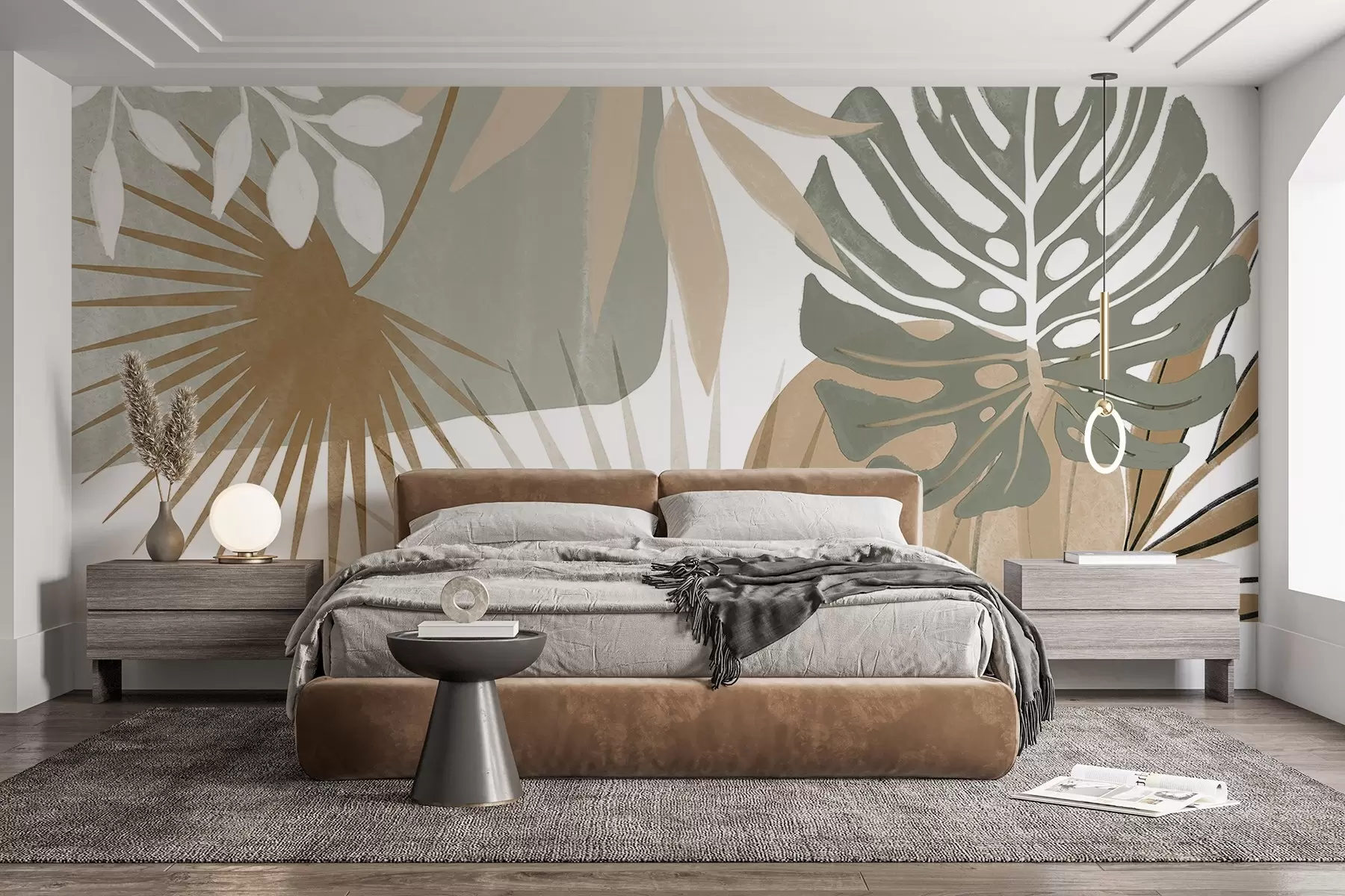 murales Diseño abstracto con varias hojas tropicales en tonos tierra, verde, beige y crema w08738v1
