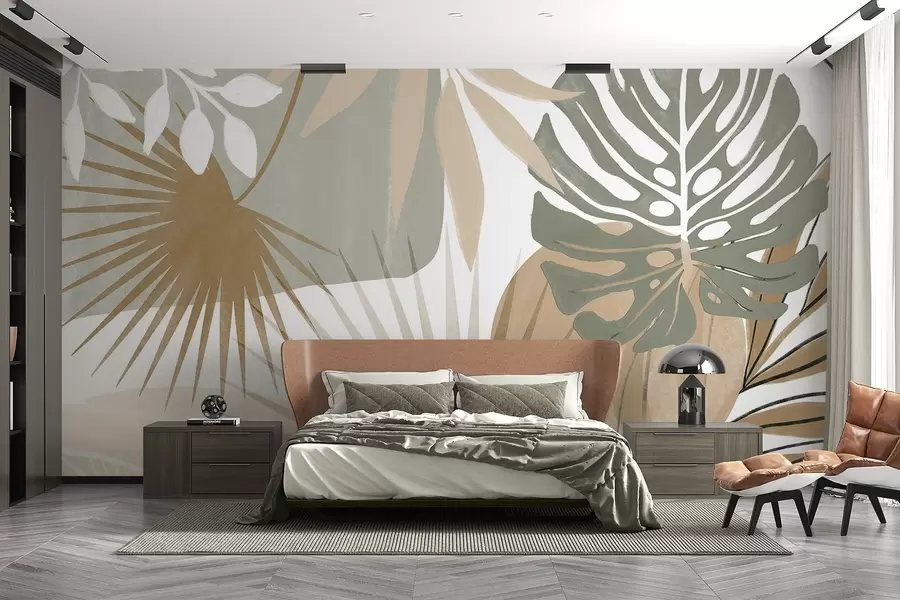 Wall Mural Photo Wallpaper Abstract design featuring various tropical leaves and in earthy tones of green, beige, and cream  w08738v1