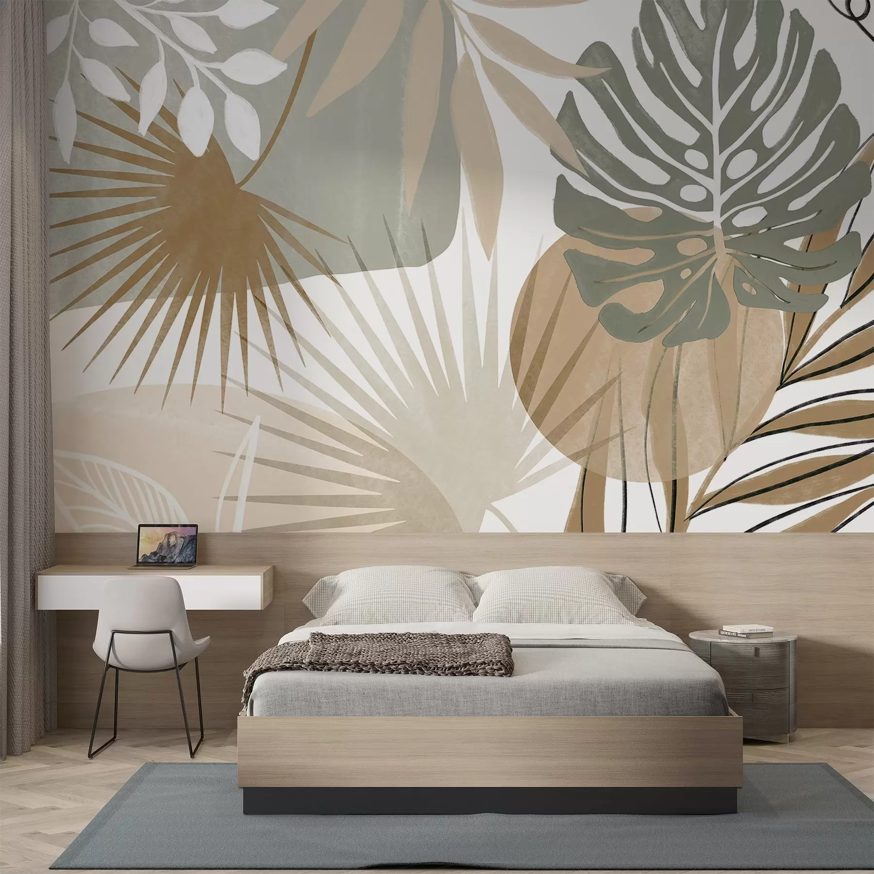 Wall Mural Photo Wallpaper Abstract design featuring various tropical leaves and in earthy tones of green, beige, and cream  w08738v1