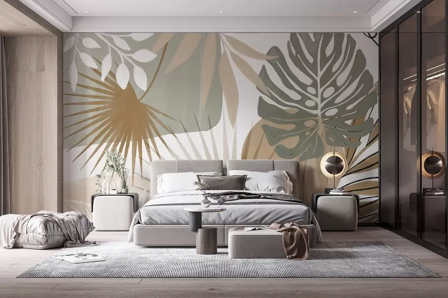 Wall Mural Photo Wallpaper Abstract design featuring various tropical leaves and in earthy tones of green, beige, and cream  w08738v1