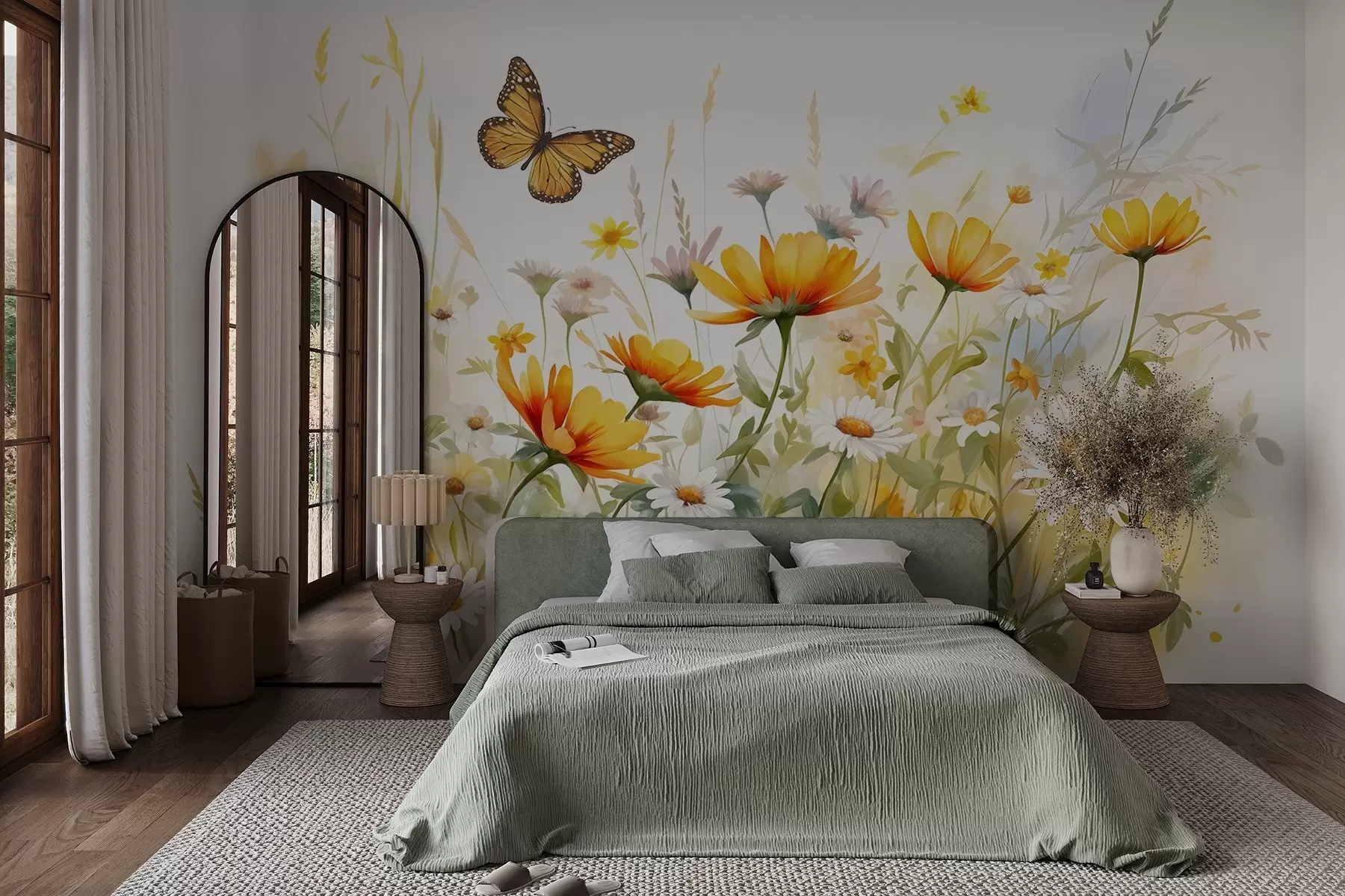 murales Un vibrante campo de flores en forma de acuarela con flores naranjas y amarillas y una mariposa sobre las flores w08739