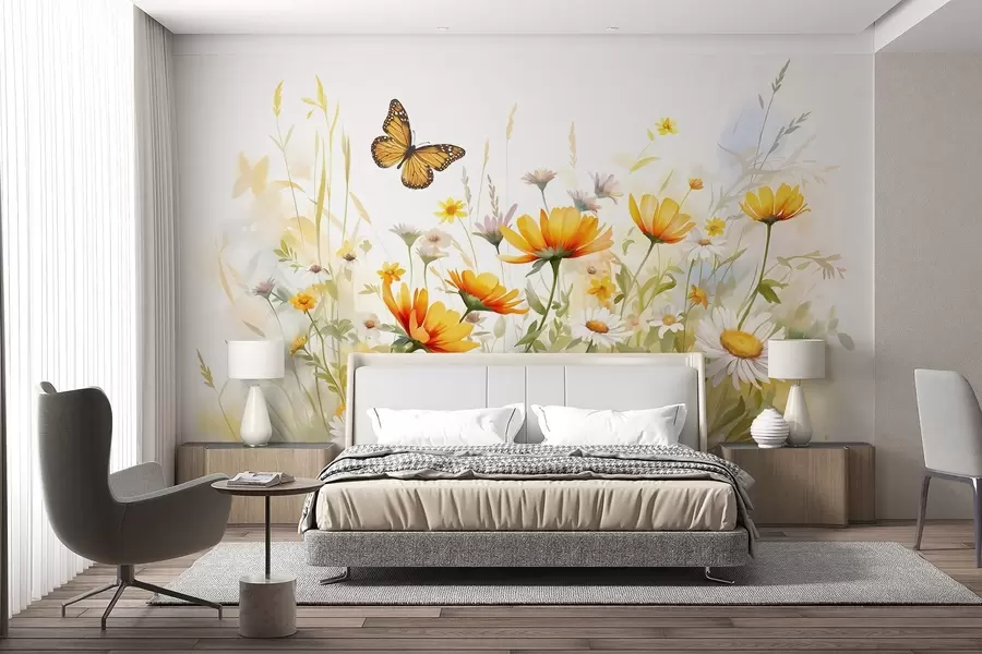 Wall Mural Photo Wallpaper A vibrant watercolor-like field of flowers featuring orange and yellow blooms with a butterfly above the flowers w08739