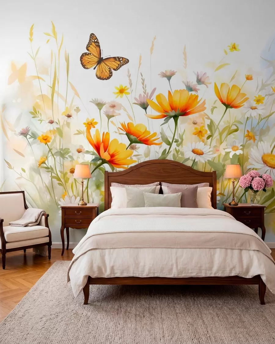 peintures murales Un champ de fleurs vibrant, semblable à une aquarelle, avec des fleurs orange et jaunes et un papillon au-dessus des fleurs w08739