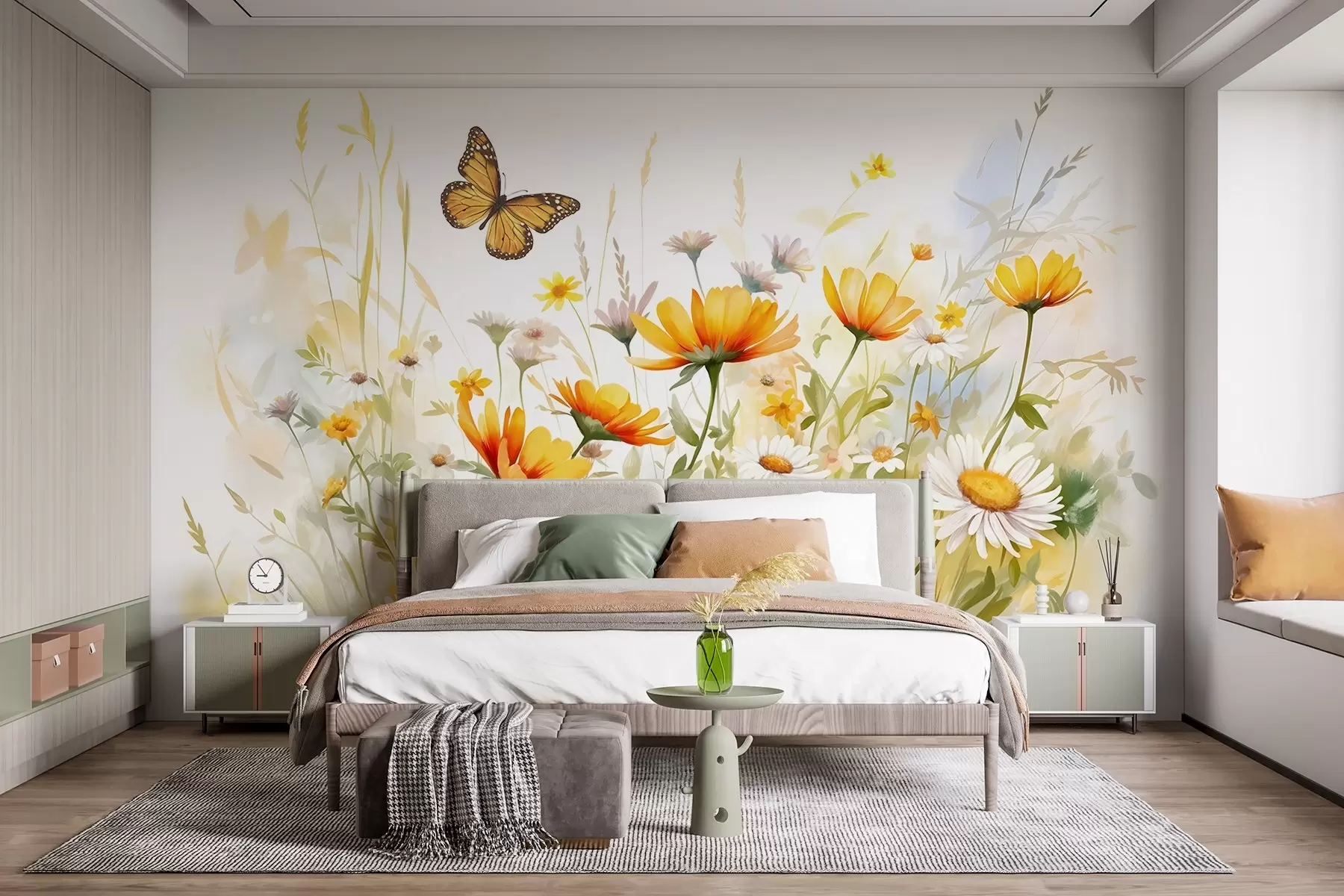 peintures murales Un champ de fleurs vibrant, semblable à une aquarelle, avec des fleurs orange et jaunes et un papillon au-dessus des fleurs w08739
