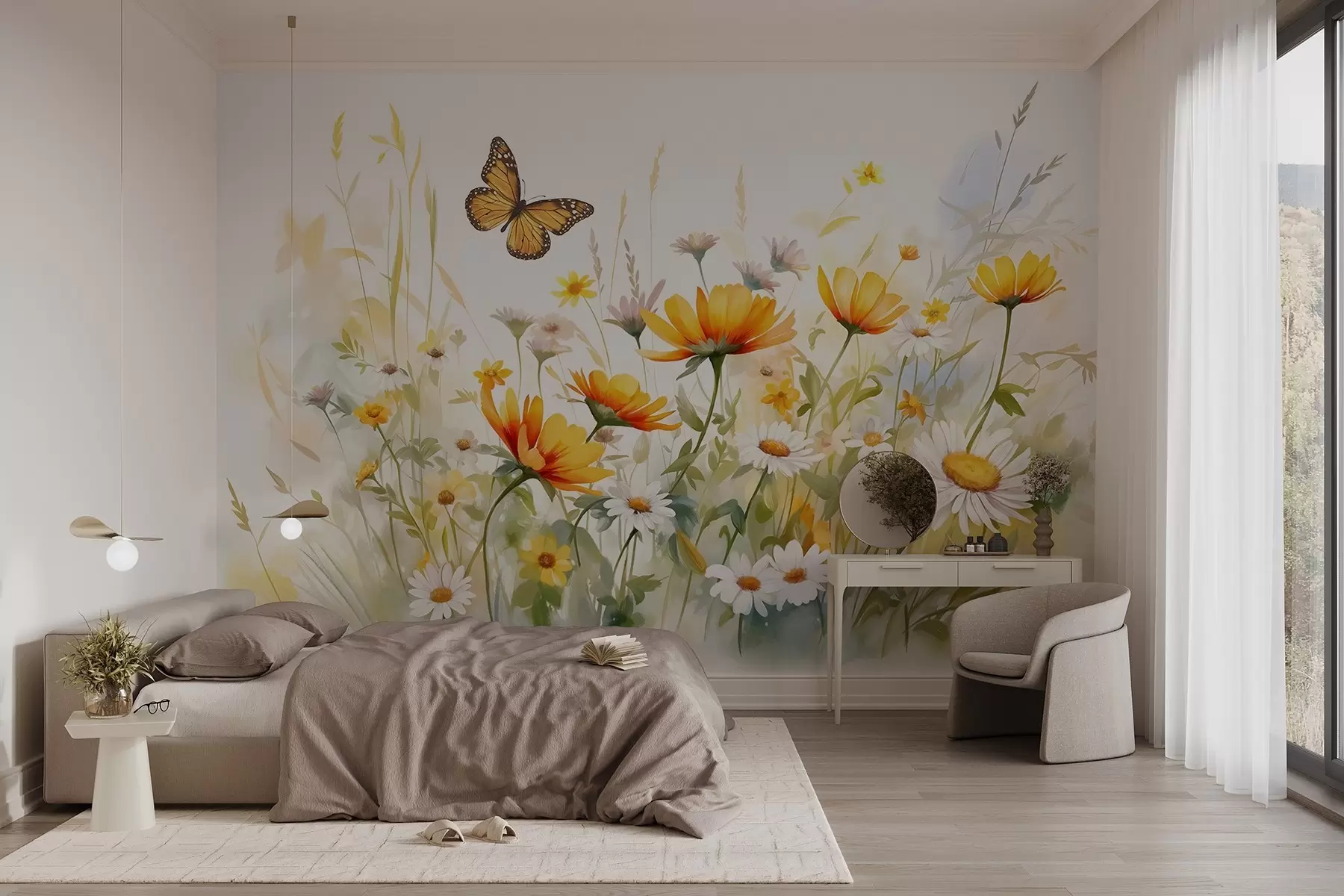 Wall Mural Photo Wallpaper A vibrant watercolor-like field of flowers featuring orange and yellow blooms with a butterfly above the flowers w08739