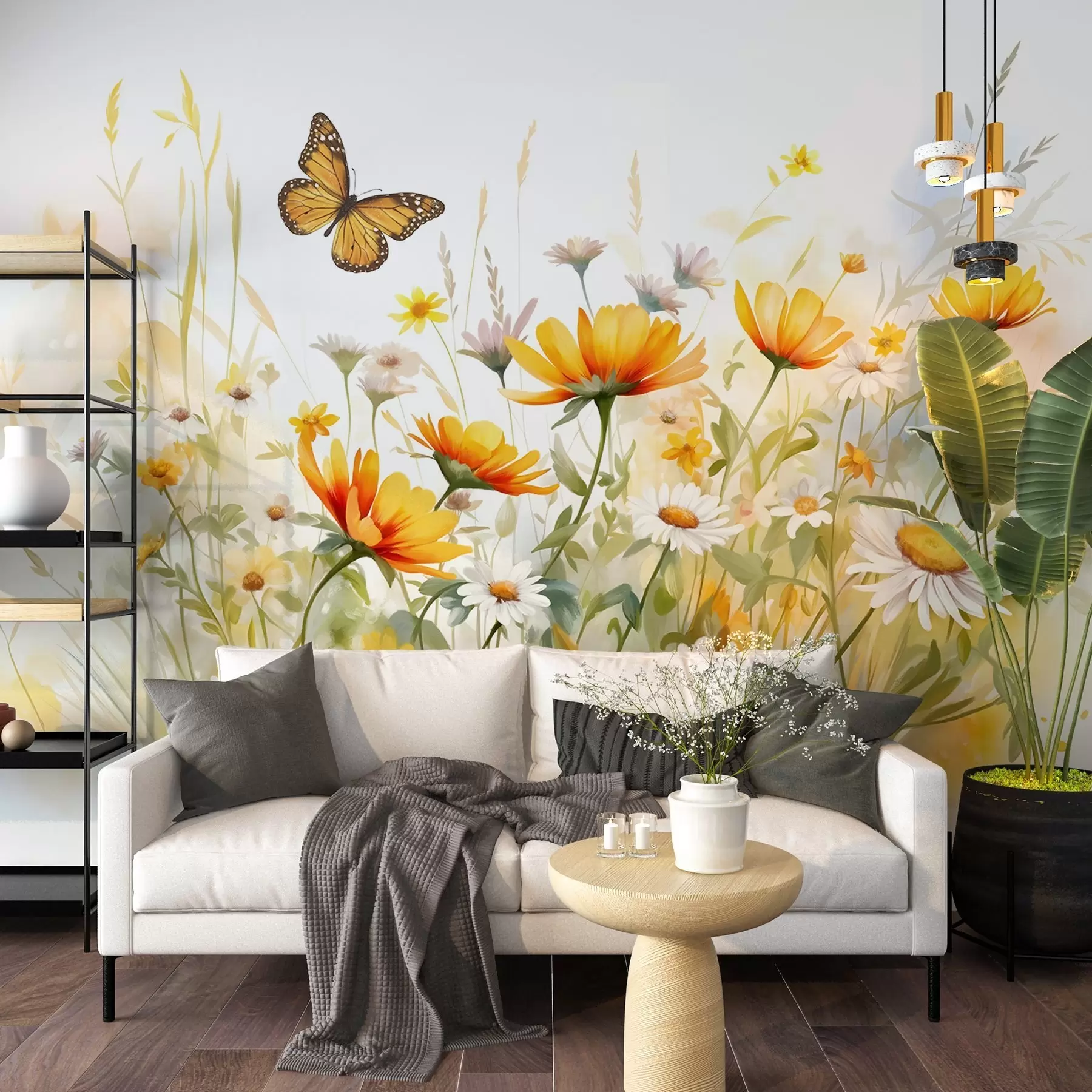 Wall Mural Photo Wallpaper A vibrant watercolor-like field of flowers featuring orange and yellow blooms with a butterfly above the flowers w08739