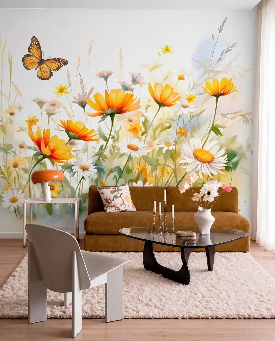 Wall Mural Photo Wallpaper A vibrant watercolor-like field of flowers featuring orange and yellow blooms with a butterfly above the flowers w08739