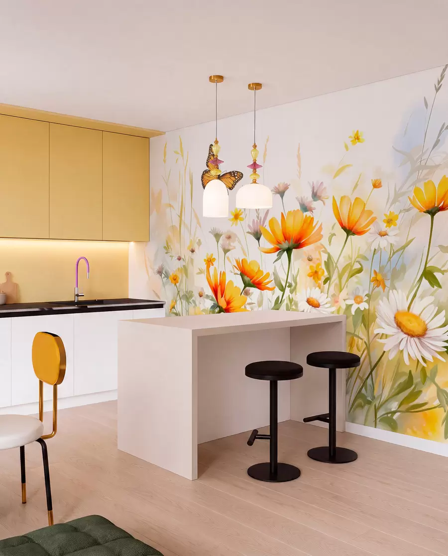wall murals A vibrant watercolor-like field of flowers featuring orange and yellow blooms with a butterfly above the flowers w08739