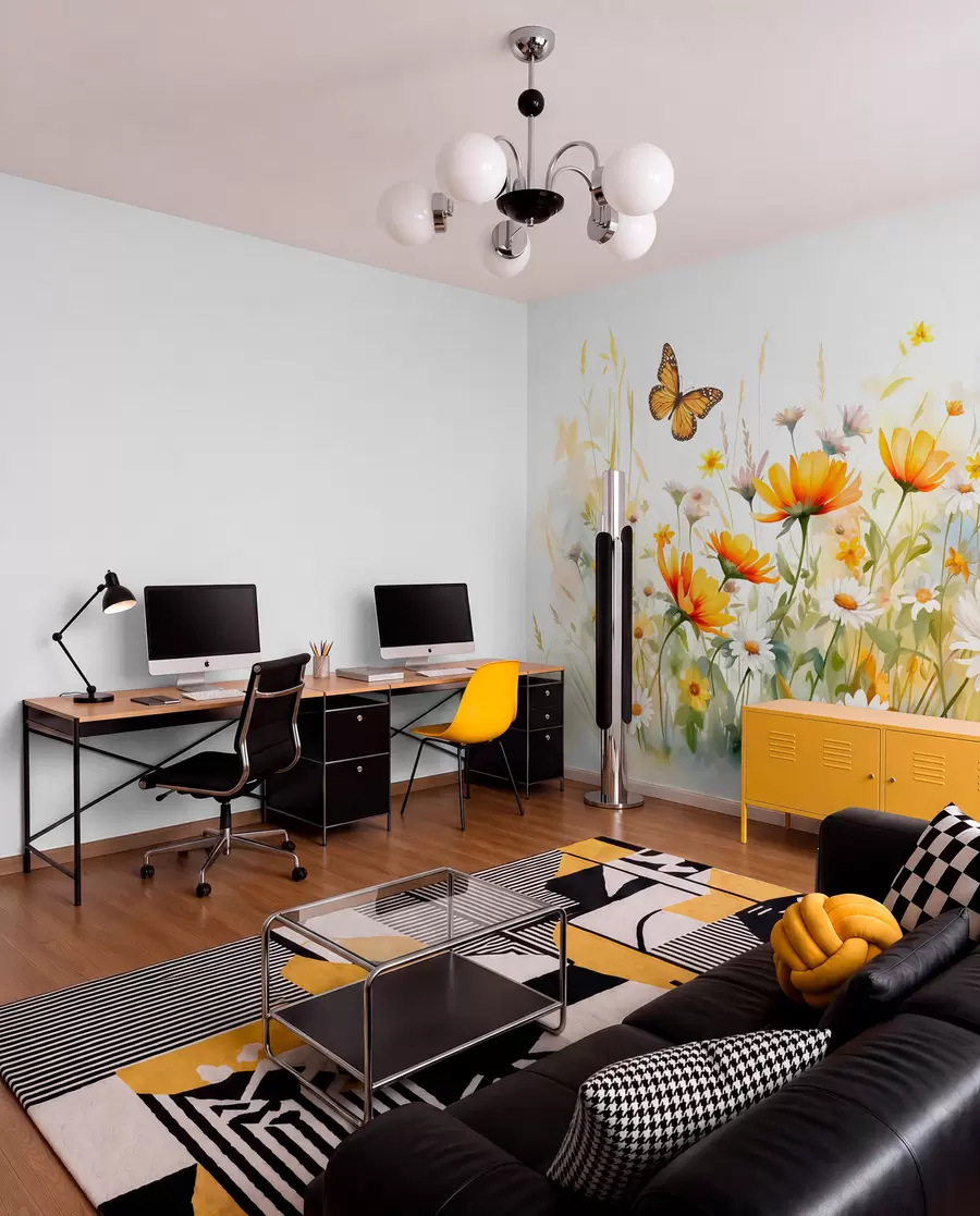 wall murals A vibrant watercolor-like field of flowers featuring orange and yellow blooms with a butterfly above the flowers w08739