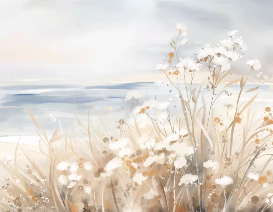 Wall Mural Photo Wallpaper White abstract flowers with delicate stems in a grass, against a soft, muted background of a calm sea and sky  w08740