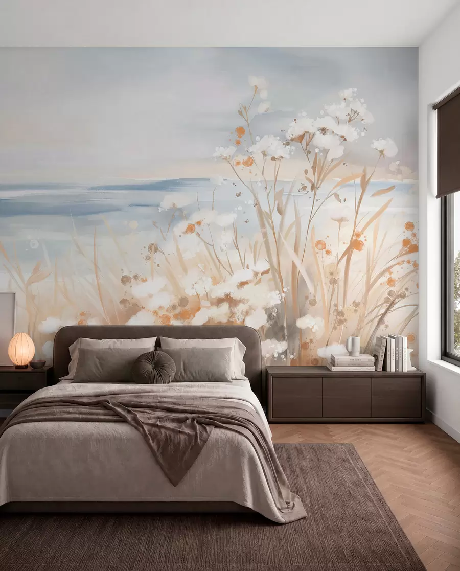 peintures murales Fleurs abstraites blanches aux tiges délicates dans une herbe, sur un fond doux et atténué de mer et de ciel calmes w08740