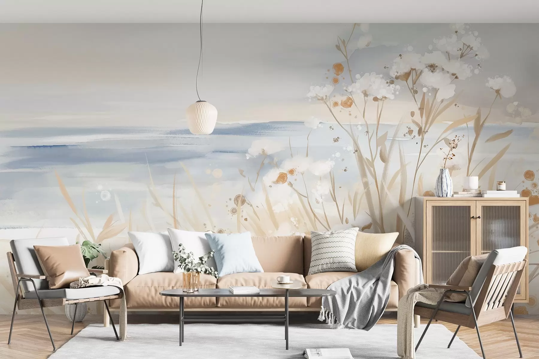 murais de parede Flores abstractas brancas com caules delicados numa relva, sobre um fundo suave e discreto de um mar e céu calmos  w08740