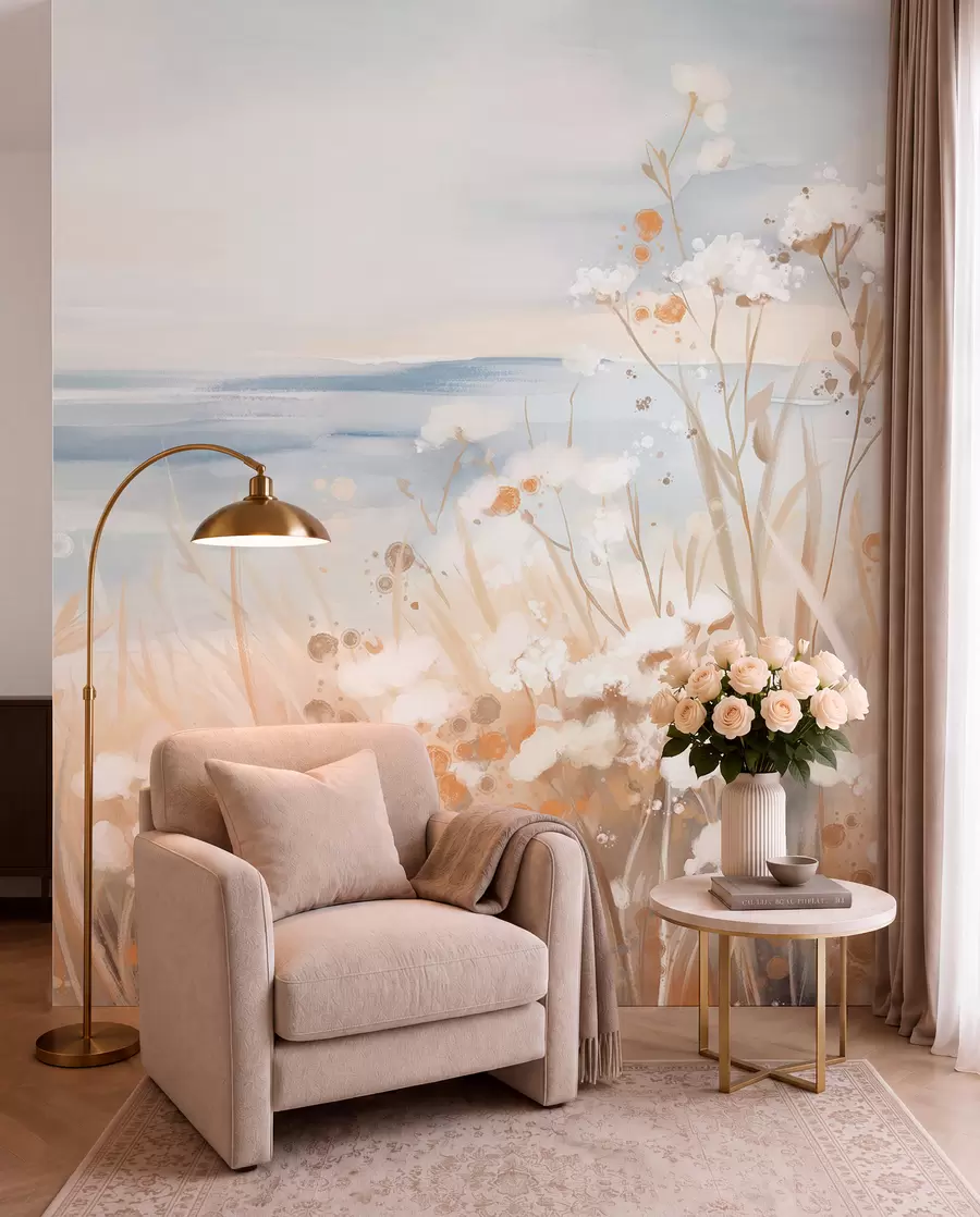 Wall Mural Photo Wallpaper White abstract flowers with delicate stems in a grass, against a soft, muted background of a calm sea and sky  w08740