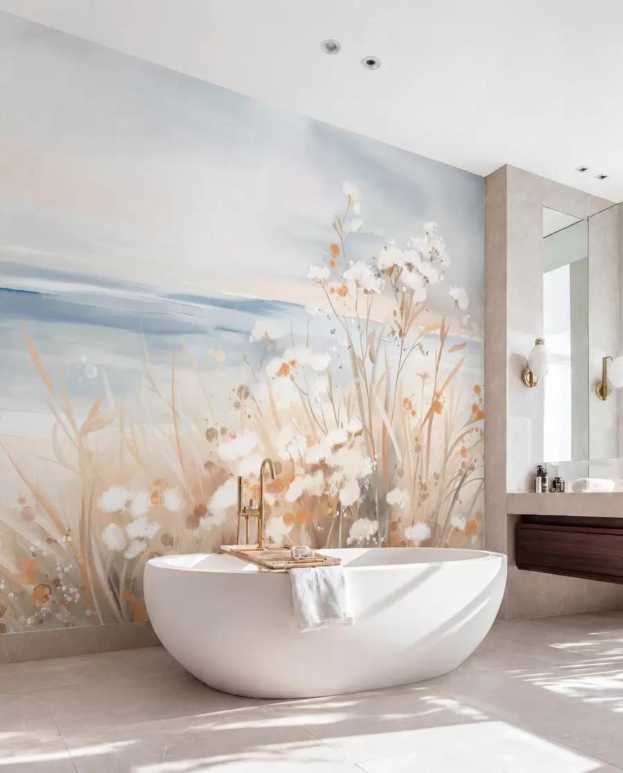 wall murals White abstract flowers with delicate stems in a grass, against a soft, muted background of a calm sea and sky w08740