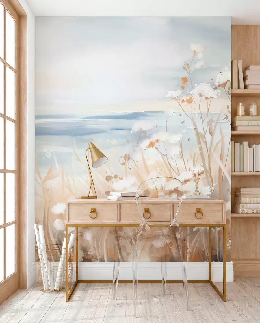 wall murals White abstract flowers with delicate stems in a grass, against a soft, muted background of a calm sea and sky w08740