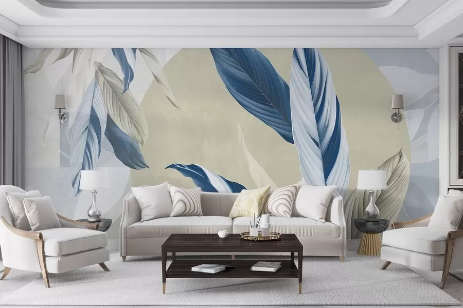 Wall Mural Photo Wallpaper Modern and abstract geometric textural composition with detailed leaves in shades of blue, beige and white w08741