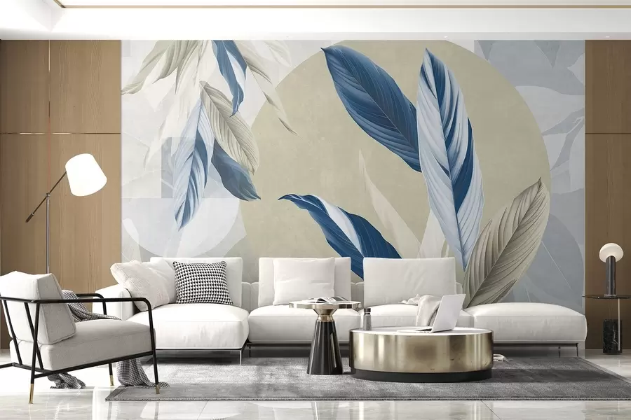 Wall Mural Photo Wallpaper Modern and abstract geometric textural composition with detailed leaves in shades of blue, beige and white w08741