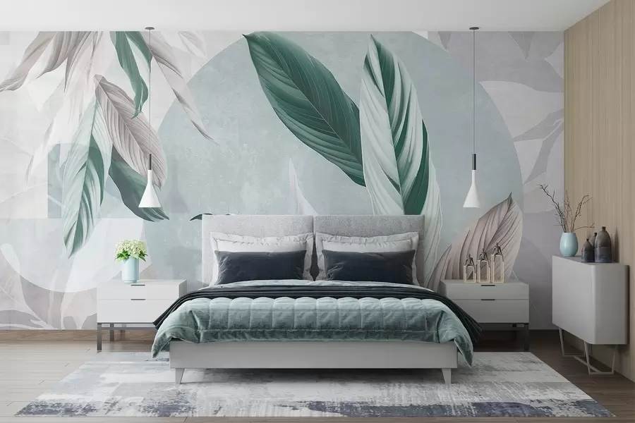 murales Composición geométrica moderna y abstracta de textura con hojas detalladas en tonos verdes, morados claros y blancos w08741v1